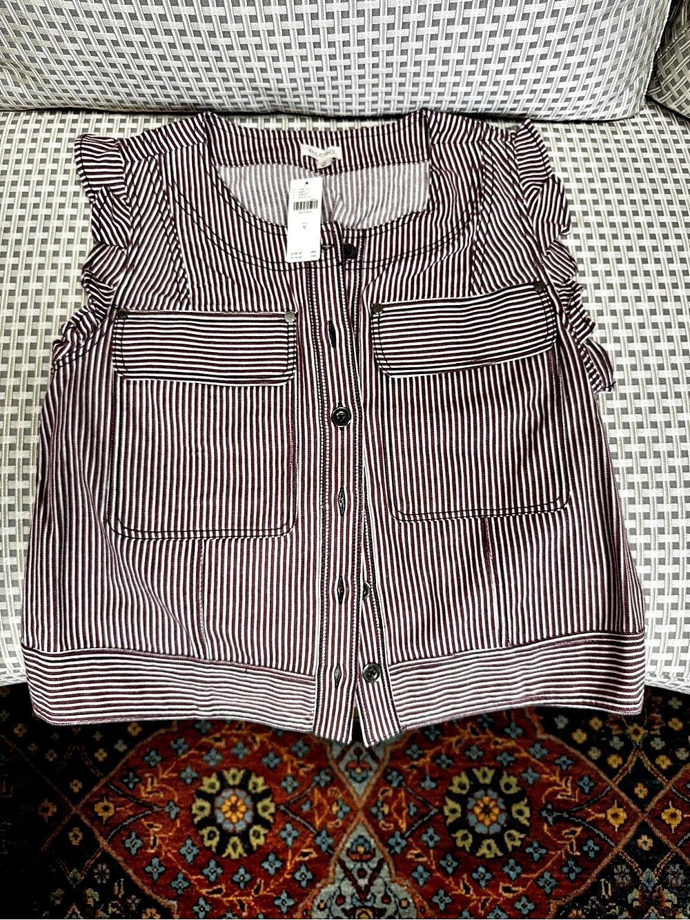 PILCRO Striped Ruffle Sleeve Blouse in Red & White Size Medium NWT